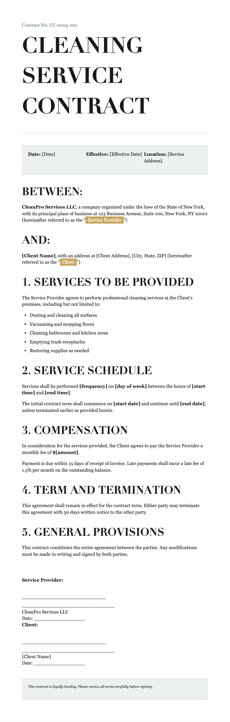 Editorial style cleaning contract